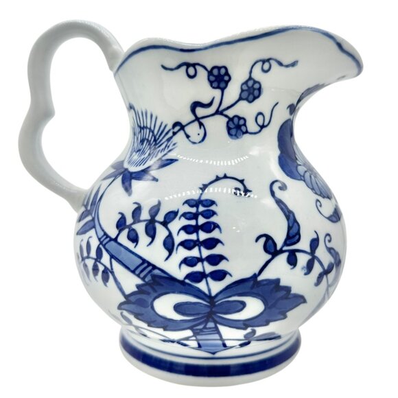 Vintage Seymour Mann China Blue Fine Porcelain Pitcher Floral Patterns Scalloped - Picture 1 of 7